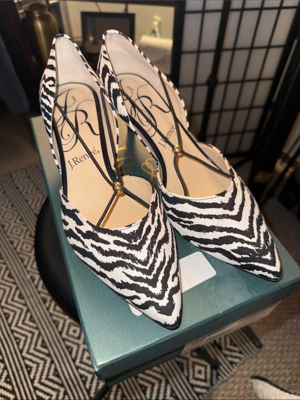 J.Renee Black & White Zebra-Print Pointed T-Strap Pumps